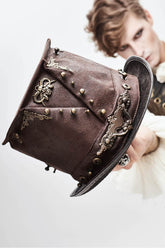 Brown Medium Top Leather Metal Stud Decorated Men's Gothic Hat